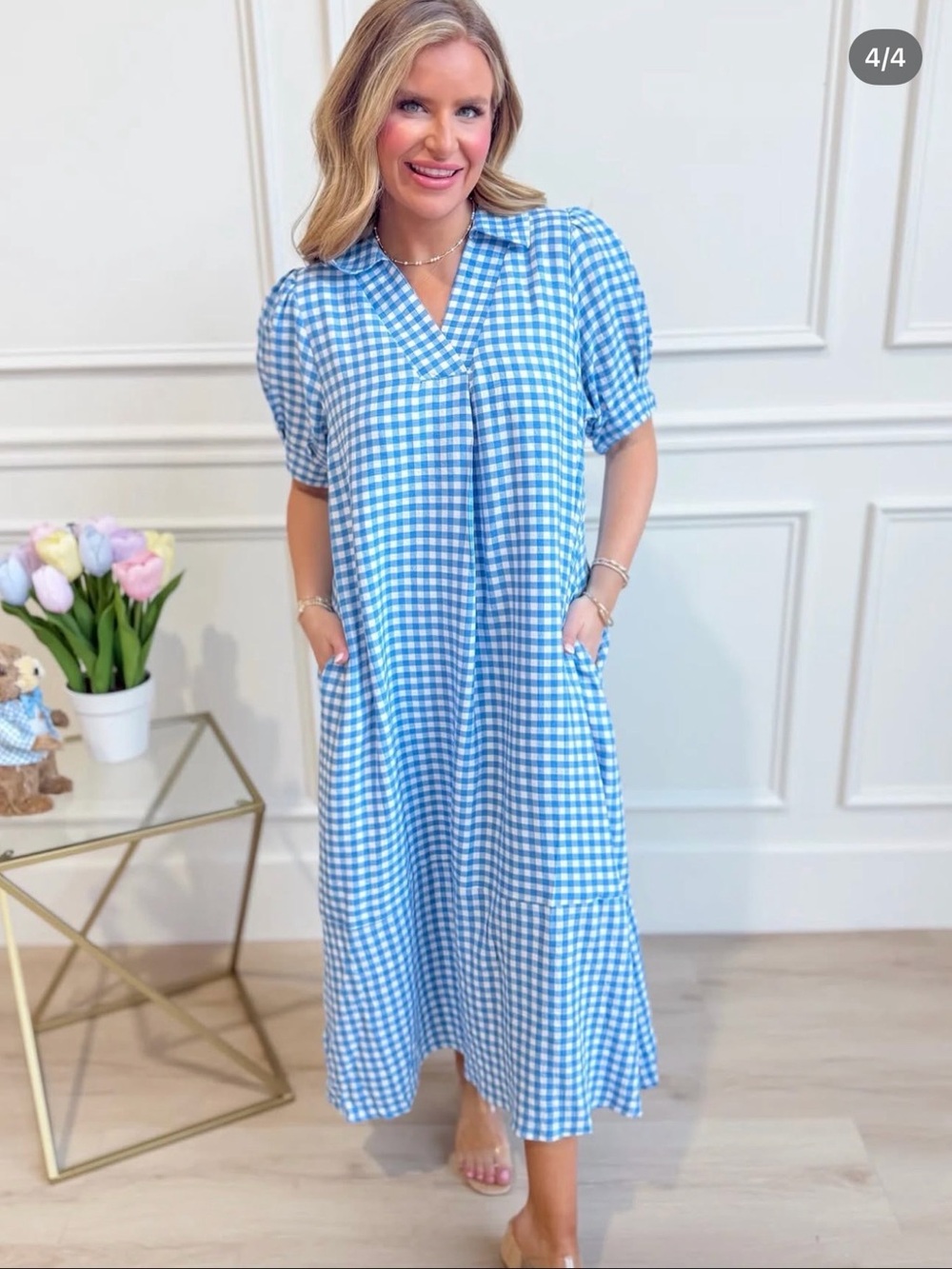 Umgee Blue and White Gingham Maxi Dress